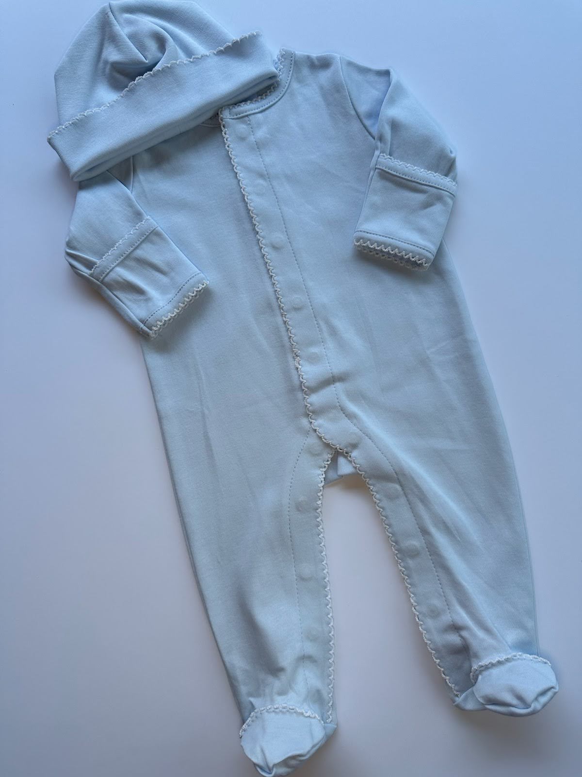 Light Blue Picot Trim Footie and Hat