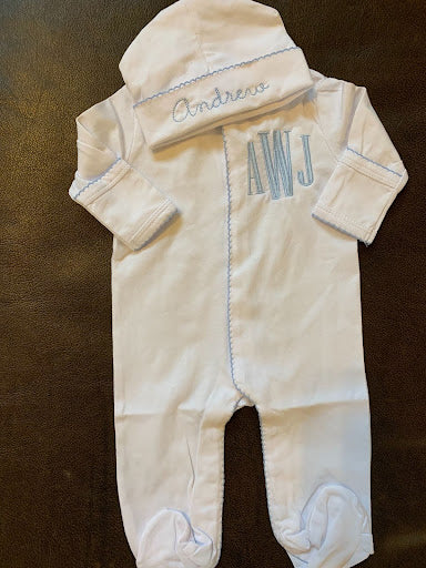 White Picot Trim Footie and Hat set